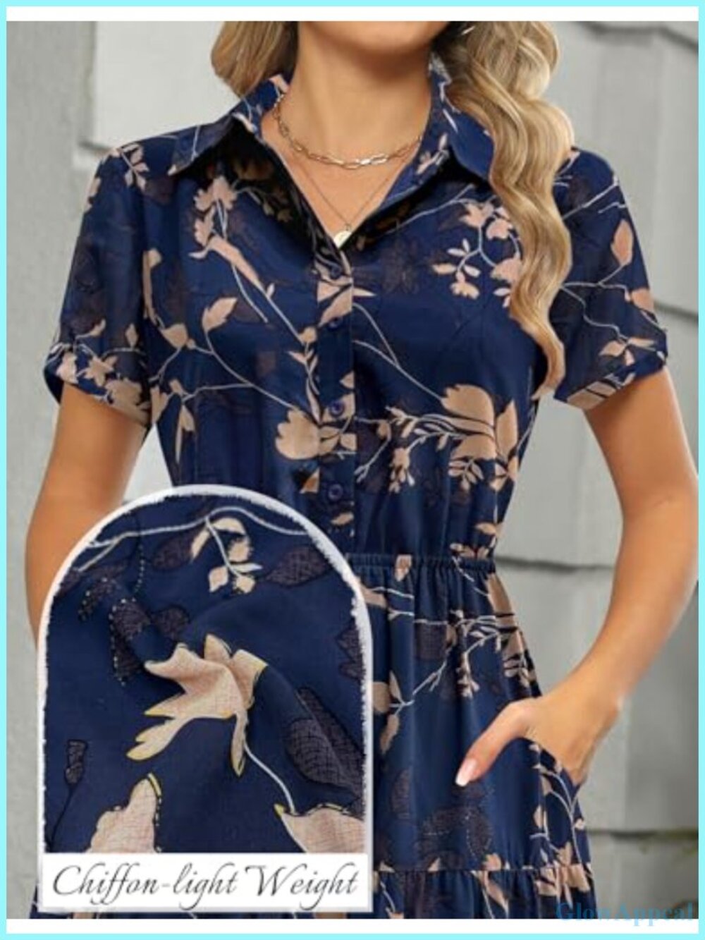 Collared V Neck Short Sleeve Button Down Chiffon Tiered Floral Maxi Dress with - Picture 5 of 6